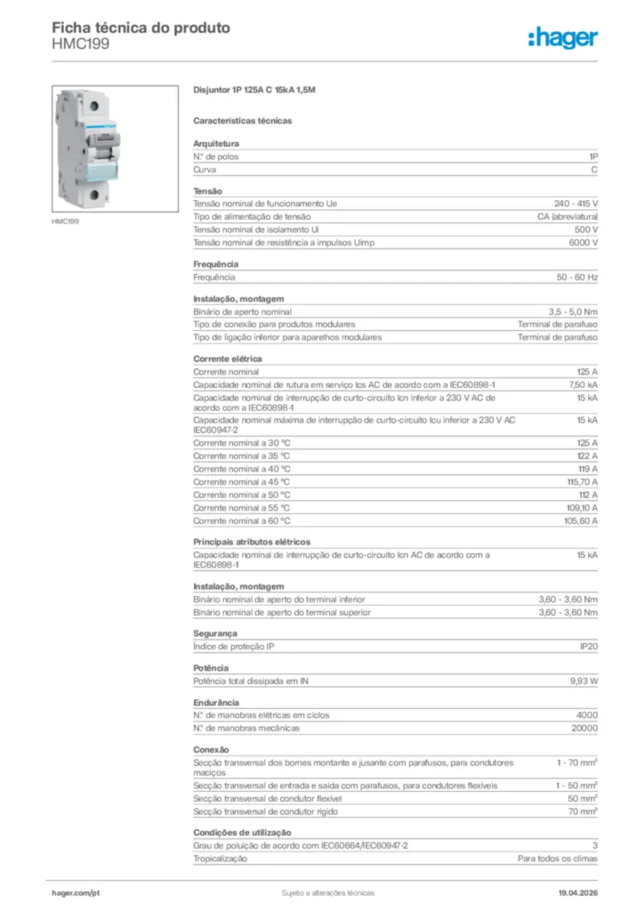 Imagem Hager Ficha técnica do produto HMC199 | Hager Portugal