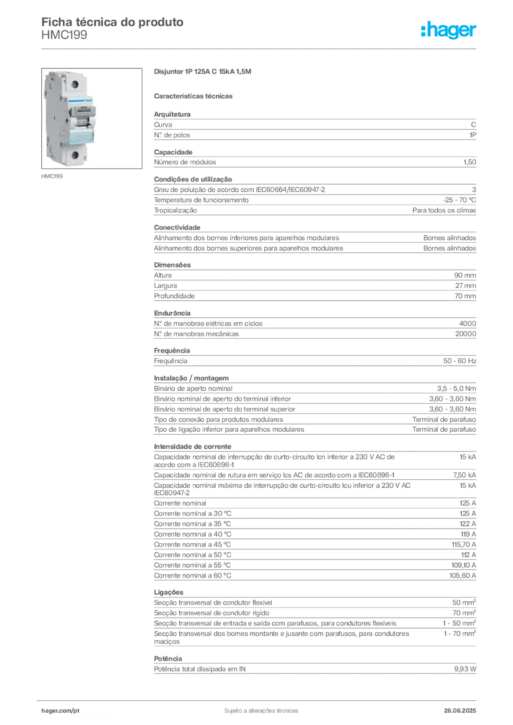 Imagem Hager Ficha técnica do produto HMC199 | Hager Portugal