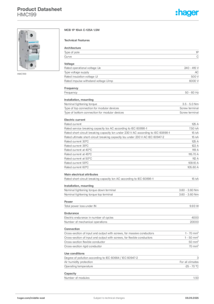 Image Hager Product data sheet HMC199  | Hager