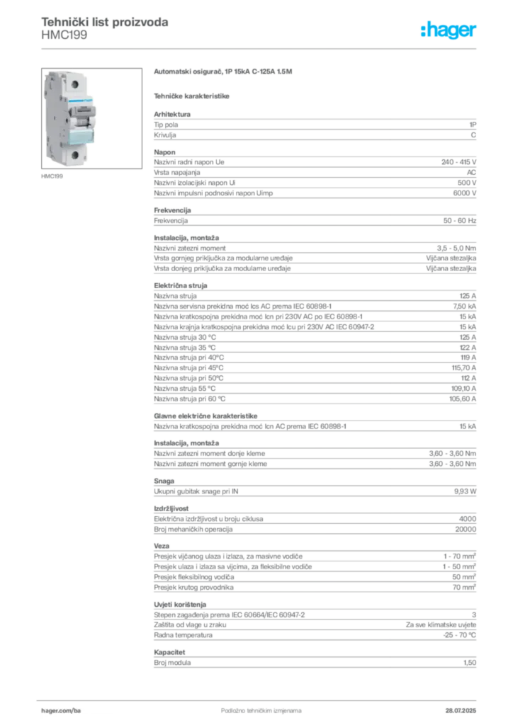 Slika Hager Product data sheet HMC199  | Hager