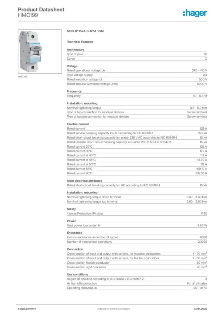 Image Hager Product data sheet HMC199  | Hager