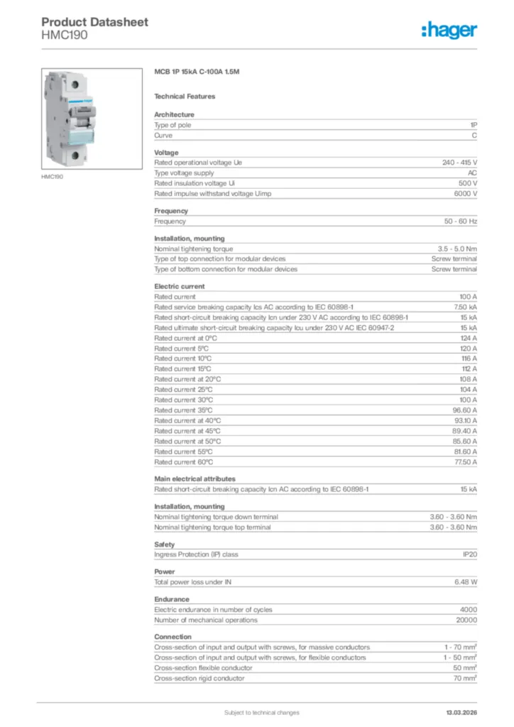 Image Hager Product data sheet HMC190  | Hager Africa