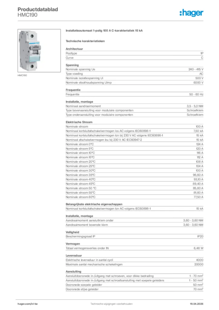 Afbeelding Hager Productdatablad HMC190 | Hager Belgium