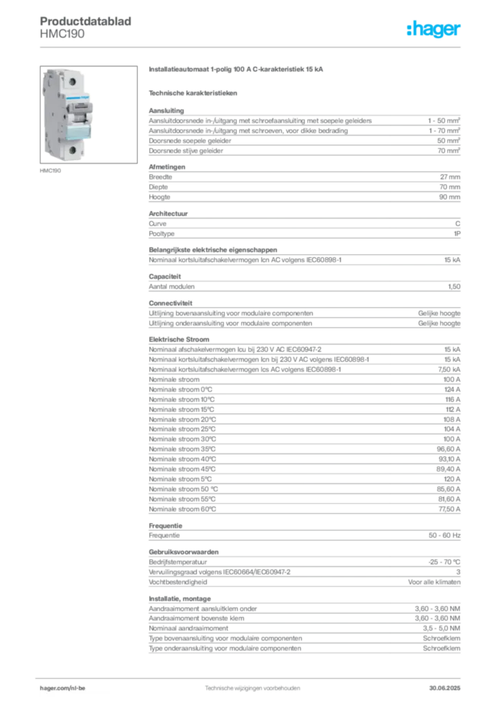 Afbeelding Hager Productdatablad HMC190 | Hager Belgium