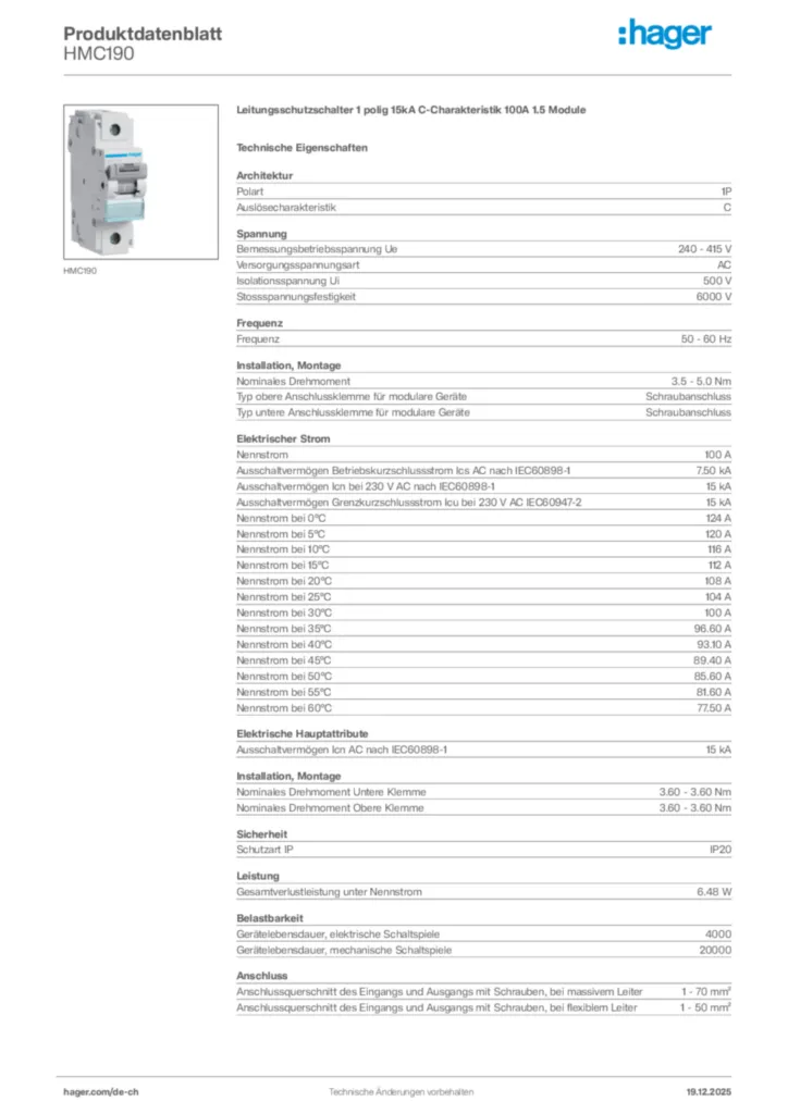 Bild Hager Produktdatenblatt HMC190 | Hager Schweiz