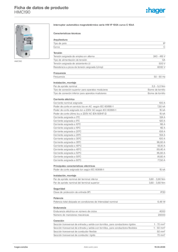 Imagen Hager Ficha de datos de producto HMC190 | Hager España
