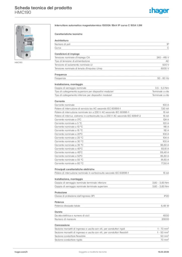 Immagine Hager Scheda tecnica del prodotto HMC190 | Hager Italia