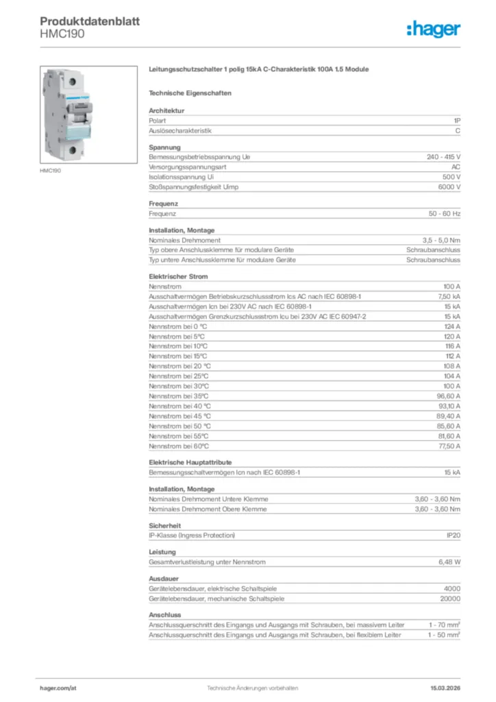 Bild Hager Produktdatenblatt HMC190 | Hager Deutschland
