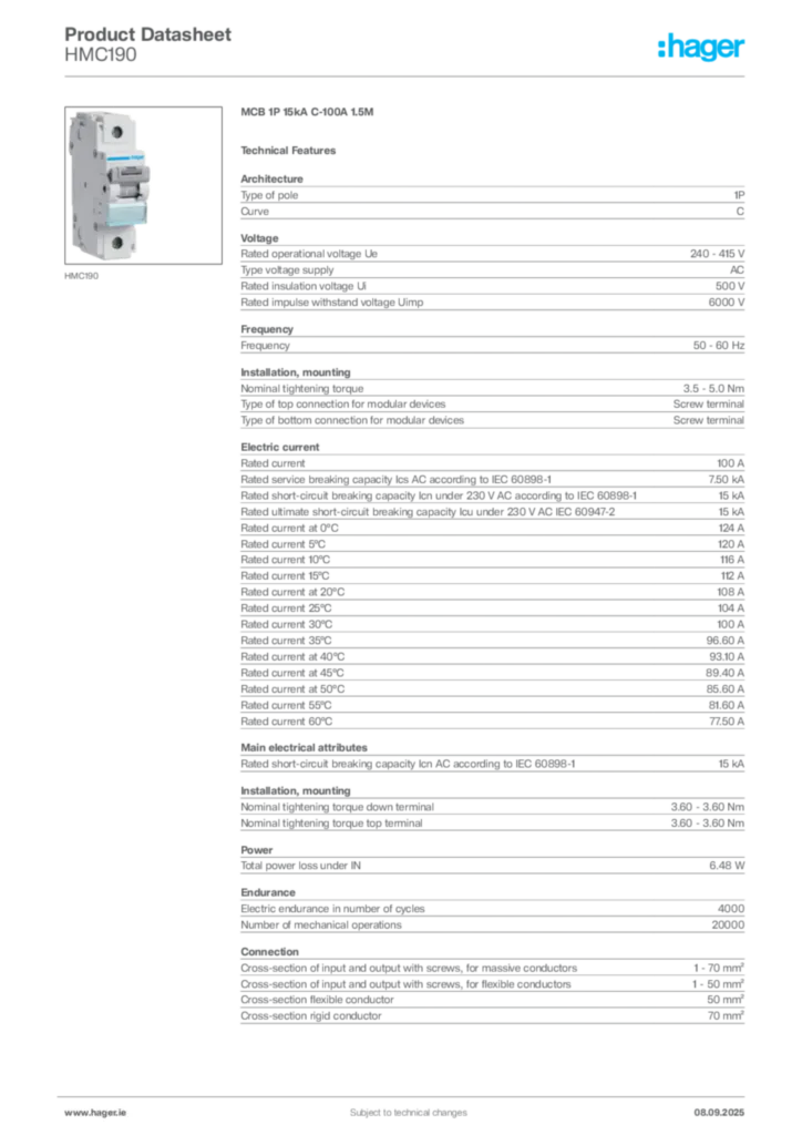 Image Hager Product data sheet HMC190  | Hager
