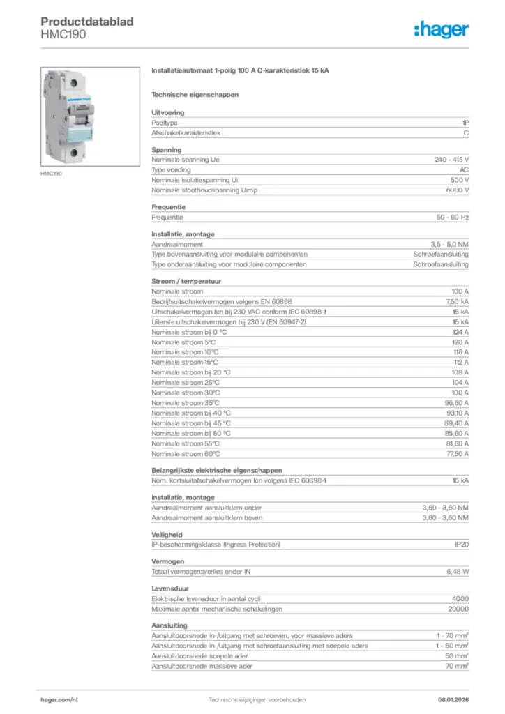 Afbeelding Hager Productdatablad HMC190 | Hager Nederland