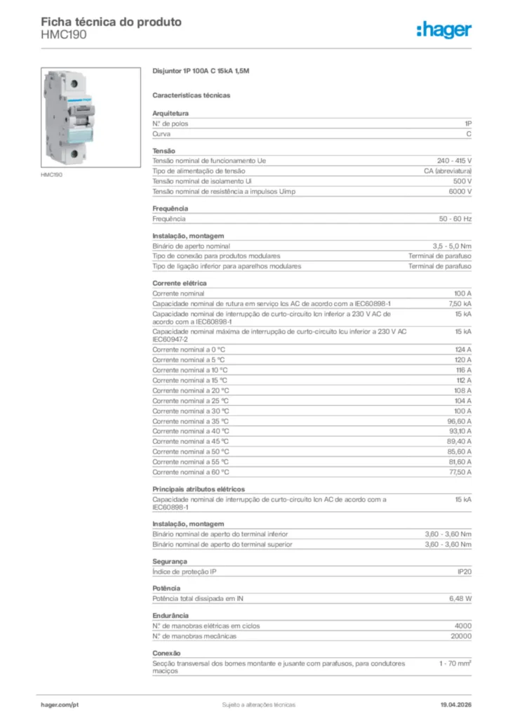 Imagem Hager Ficha técnica do produto HMC190 | Hager Portugal