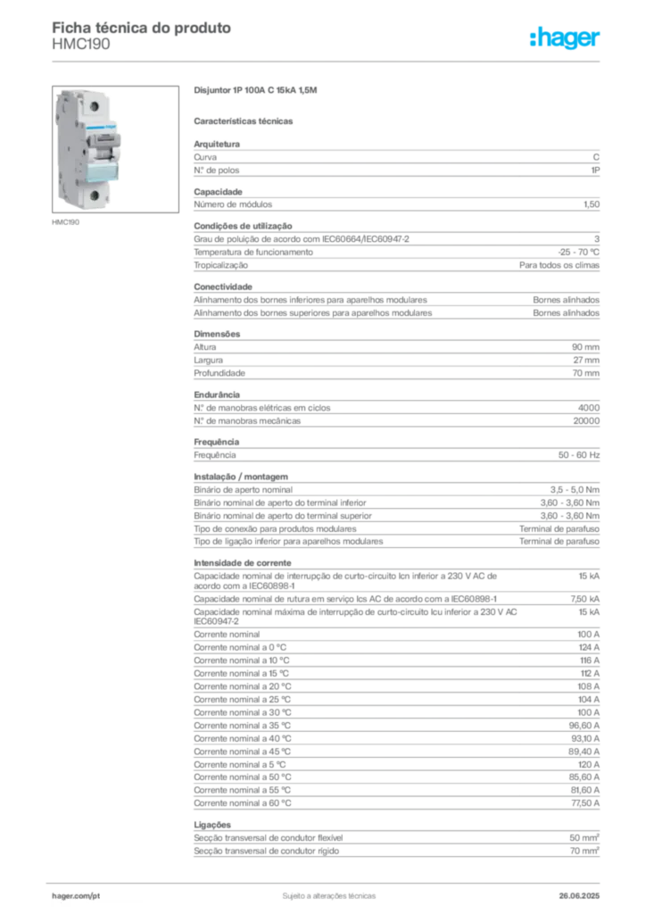 Imagem Hager Ficha técnica do produto HMC190 | Hager Portugal