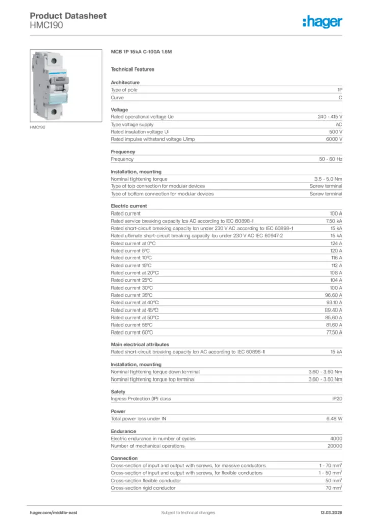 Image Hager Product data sheet HMC190  | Hager