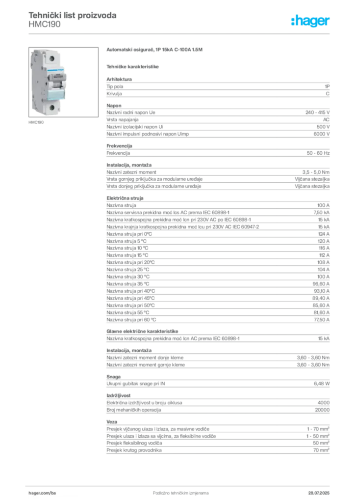 Slika Hager Product data sheet HMC190  | Hager