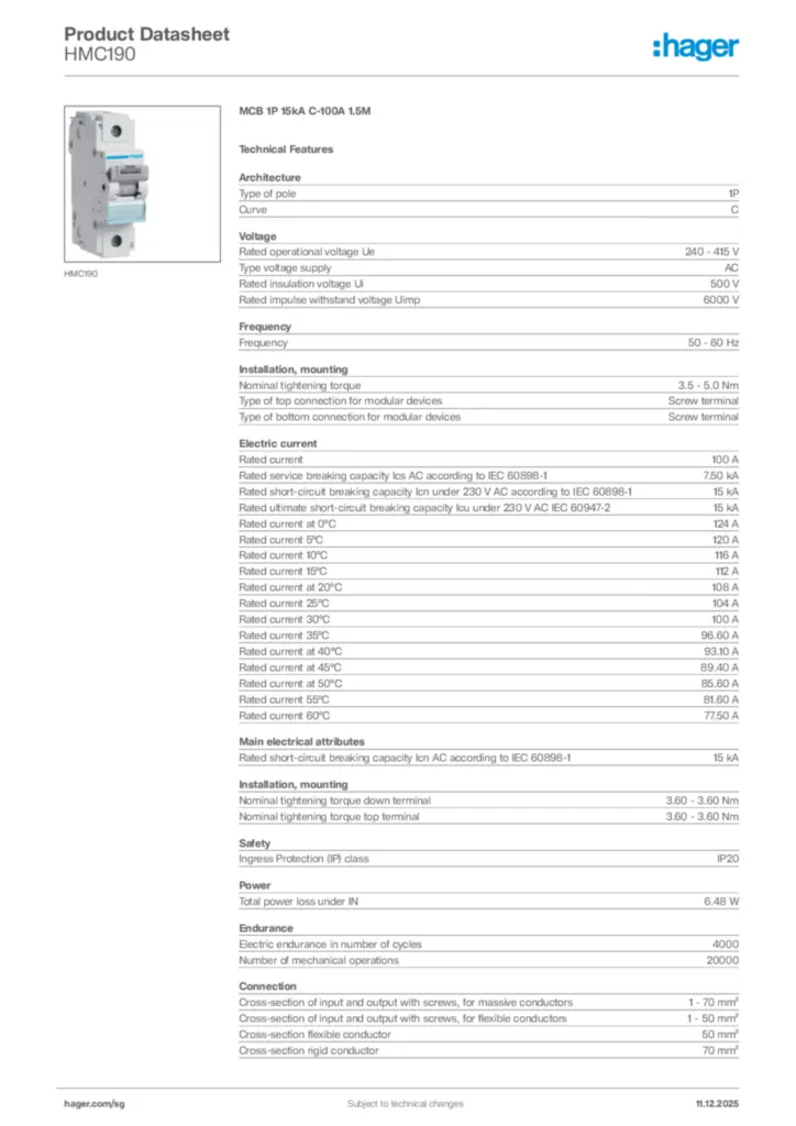 Image Hager Product data sheet HMC190  | Hager
