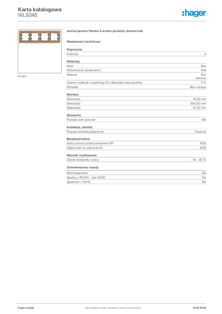 Zdjęcie Hager Karta katalogowa WL9245 | Hager Polska