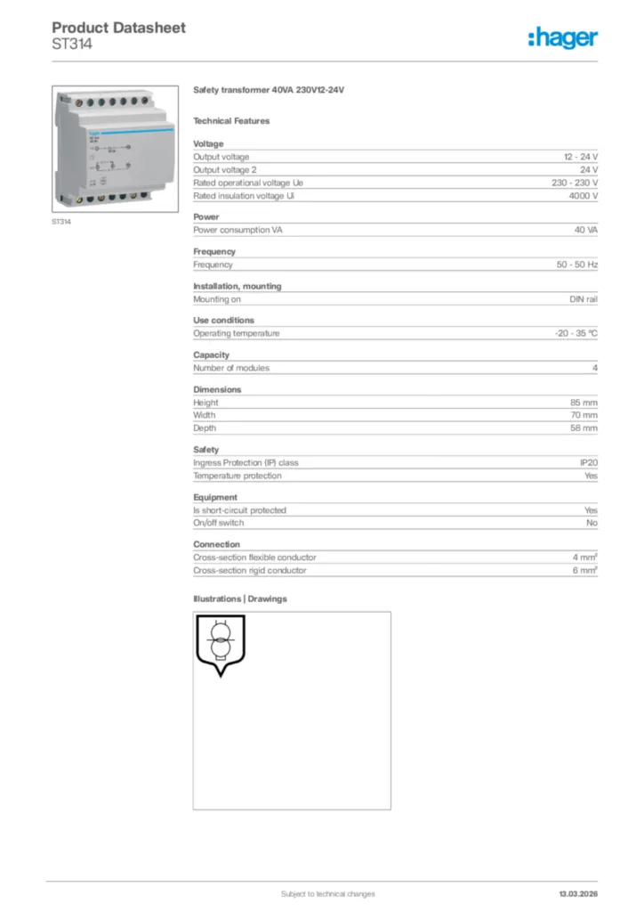 Image Hager Product data sheet ST314  | Hager Africa