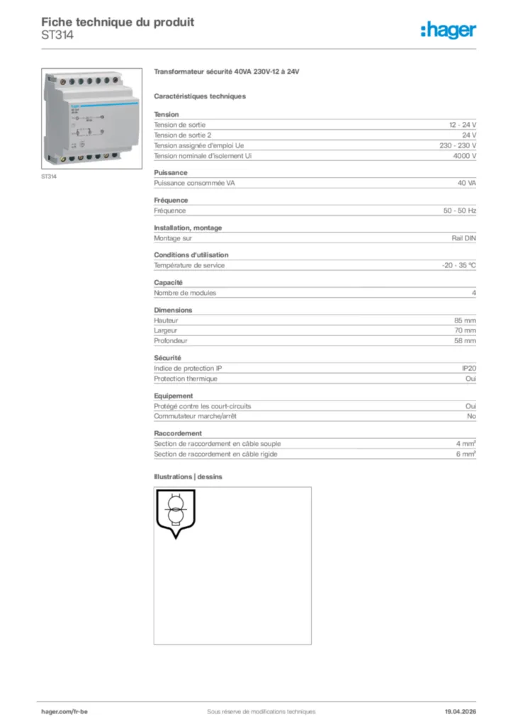 Image Hager Fiche technique du produit ST314 | Hager Belgique