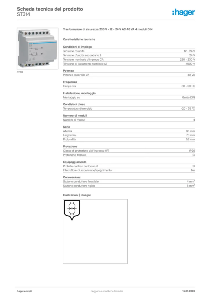 Immagine Hager Scheda tecnica del prodotto ST314 | Hager Italia