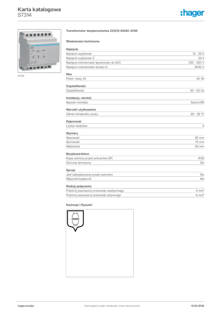 Zdjęcie Hager Karta katalogowa ST314 | Hager Polska
