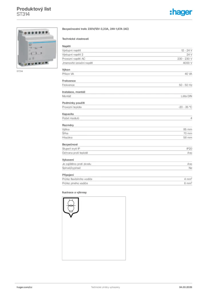 Obrázek Hager Product data sheet ST314 | Hager