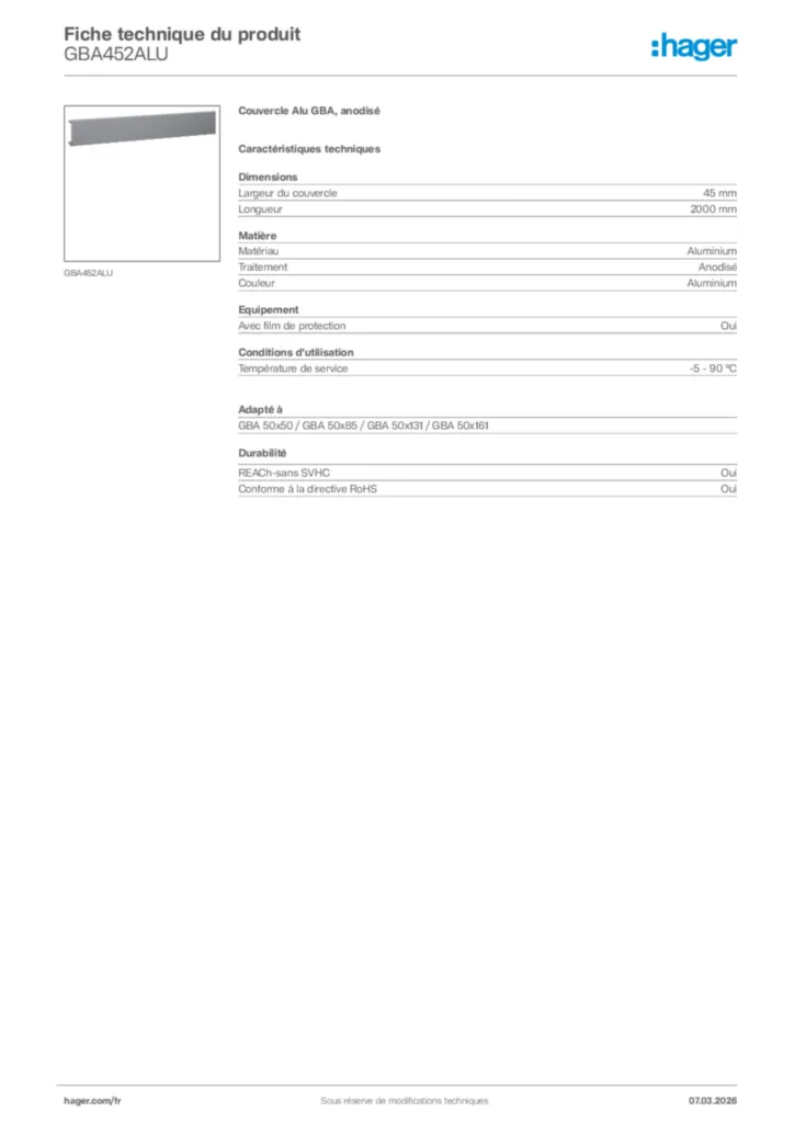 Image Hager Fiche technique du produit GBA452ALU | Hager France