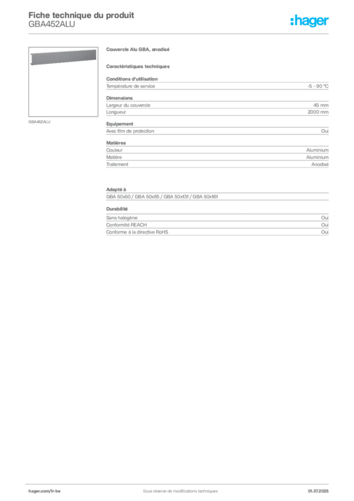 Image Hager Fiche technique du produit GBA452ALU | Hager Belgique