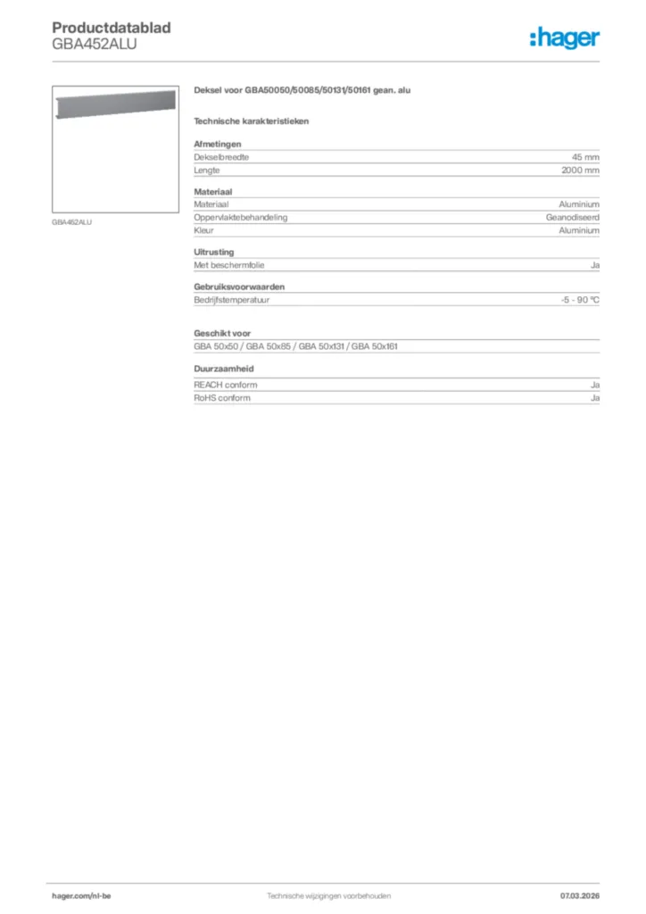 Afbeelding Hager Productdatablad GBA452ALU | Hager Belgium