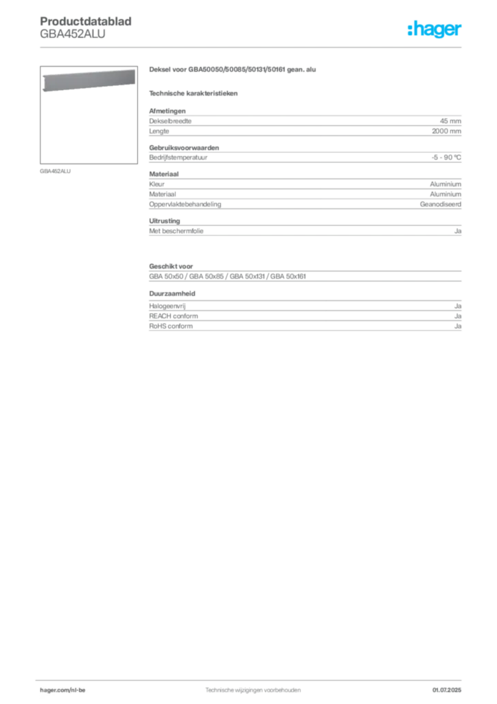 Afbeelding Hager Productdatablad GBA452ALU | Hager Belgium