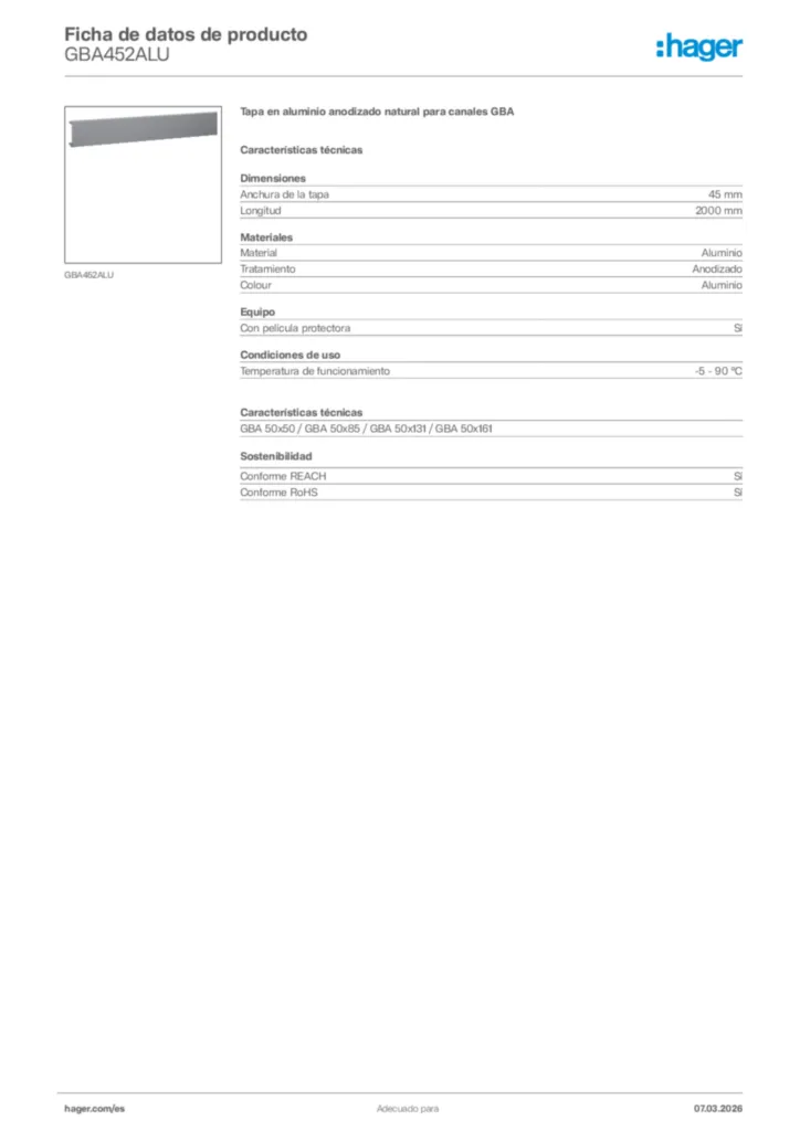 Imagen Hager Ficha de datos de producto GBA452ALU | Hager España