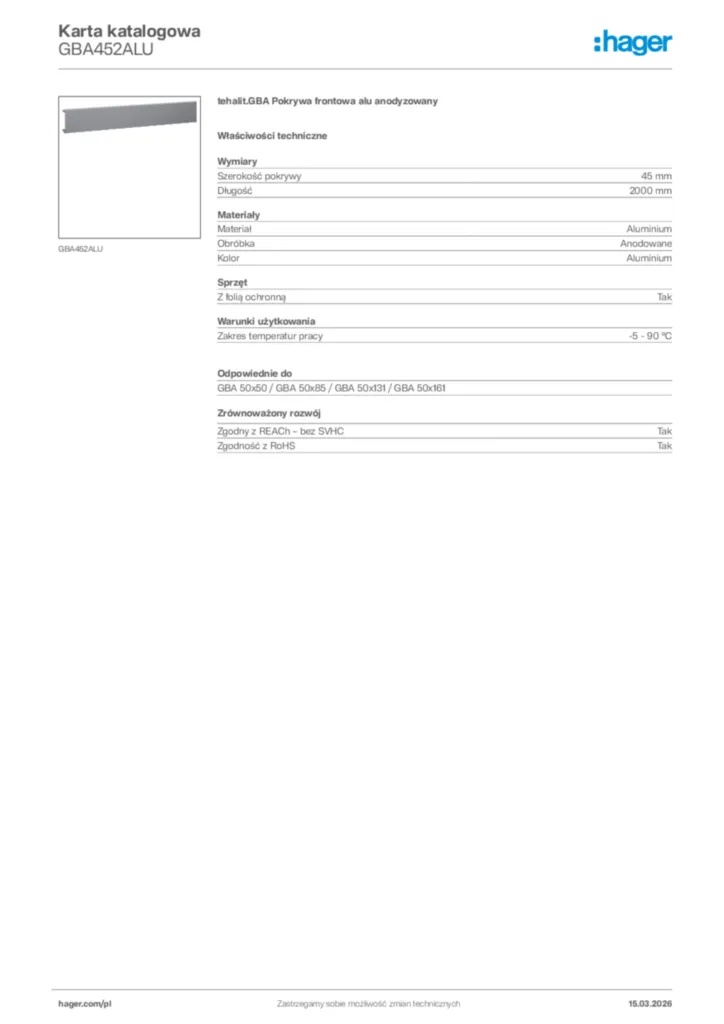 Zdjęcie Hager Karta katalogowa GBA452ALU | Hager Polska