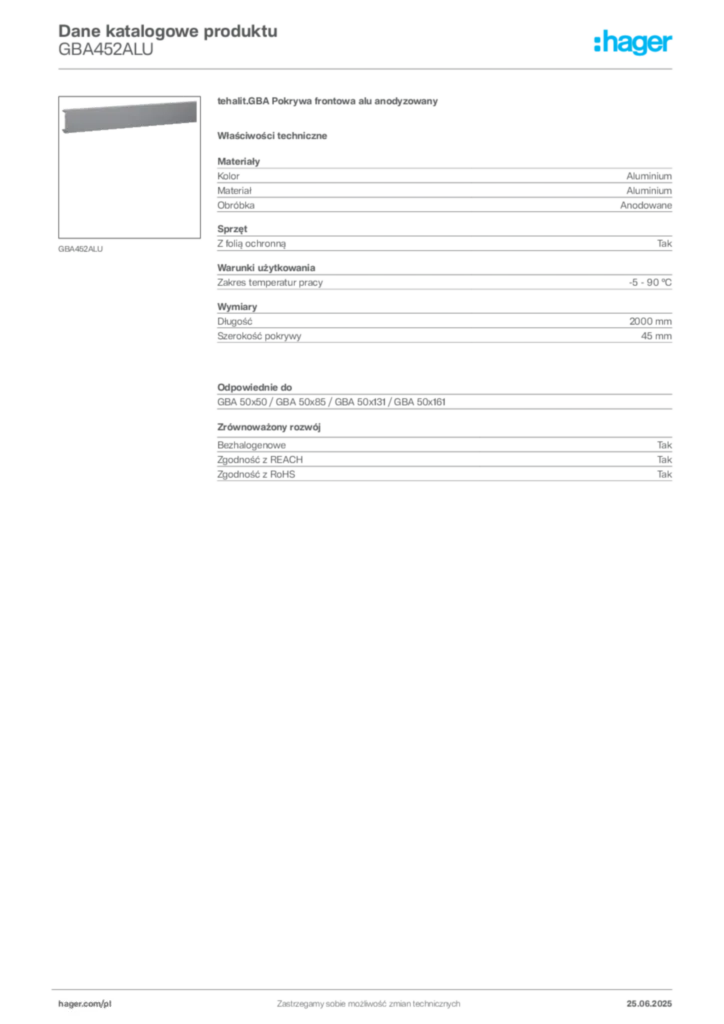 Zdjęcie Hager Karta katalogowa GBA452ALU | Hager Polska