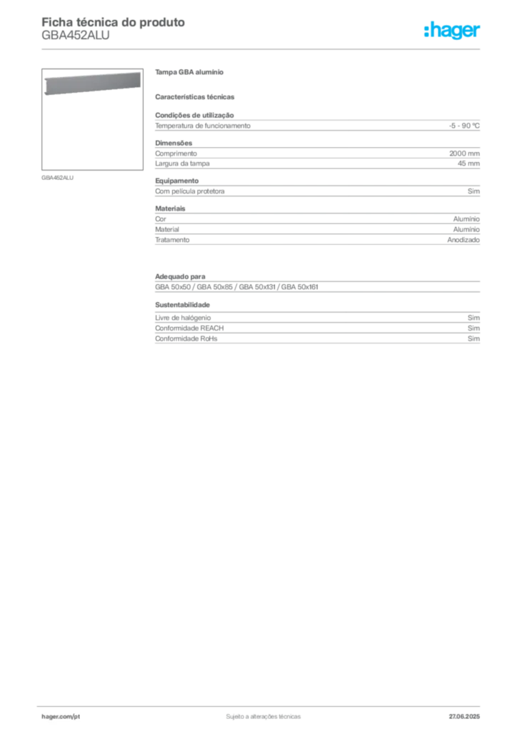 Imagem Hager Ficha técnica do produto GBA452ALU | Hager Portugal