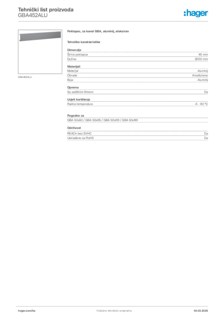 Slika Hager Tehnički list proizvoda GBA452ALU  | Hager