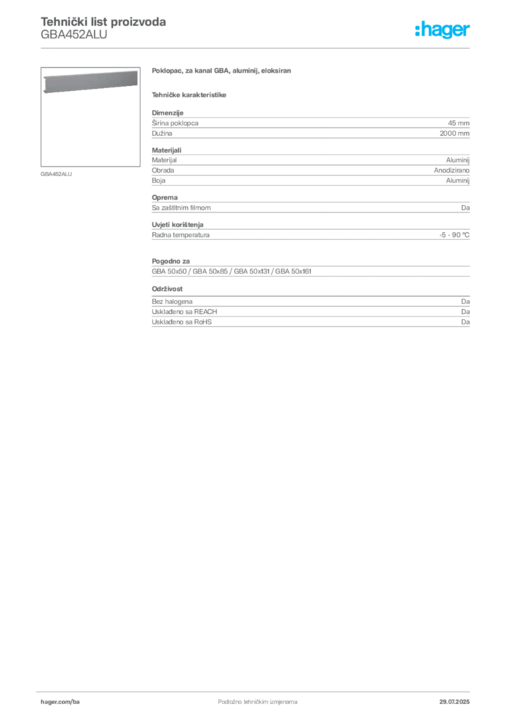 Slika Hager Product data sheet GBA452ALU  | Hager
