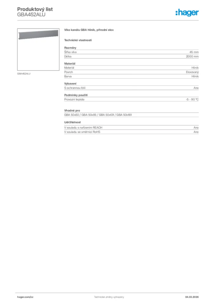 Obrázek Hager Product data sheet GBA452ALU | Hager