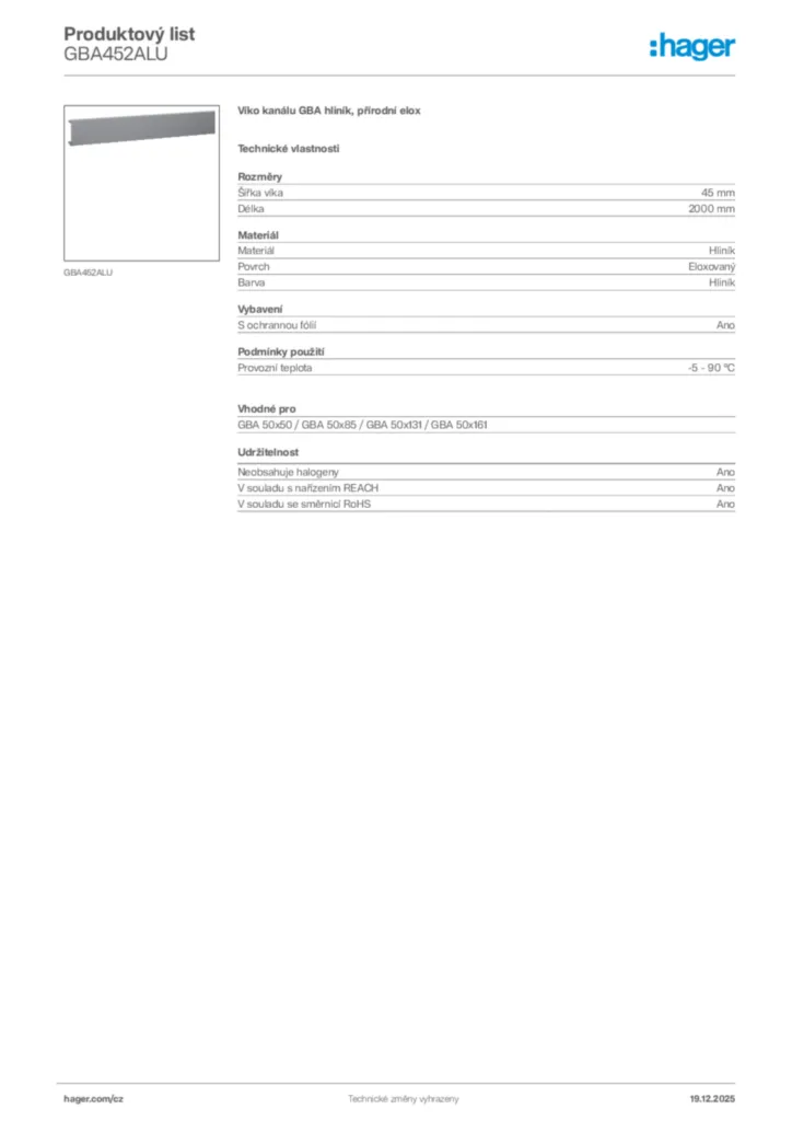 Obrázek Hager Produktový list GBA452ALU | Hager
