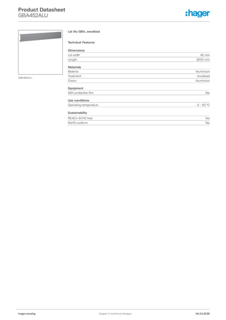 Image Hager Product data sheet GBA452ALU  | Hager
