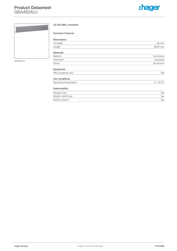 Image Hager Product data sheet GBA452ALU  | Hager