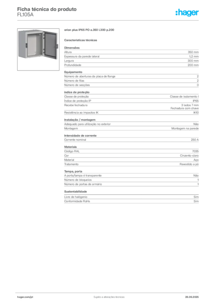 Imagem Hager Ficha técnica do produto FL105A | Hager Portugal