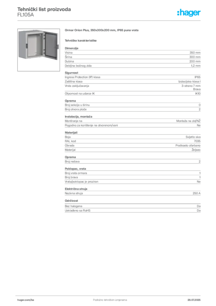 Slika Hager Product data sheet FL105A  | Hager
