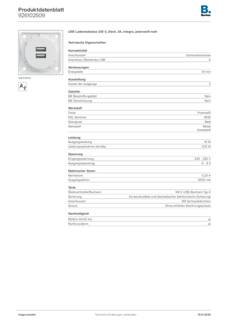 Bild Berker Produktdatenblatt 926102509 | Hager Deutschland