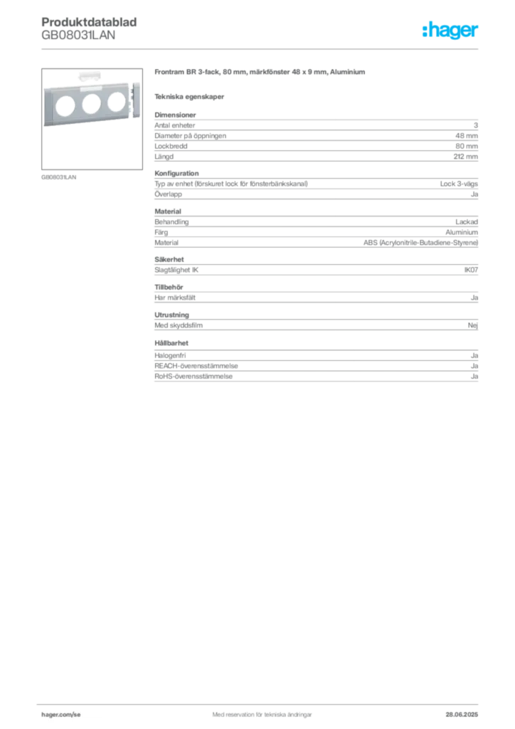 Bild Hager Produktdatablad GB08031LAN | Hager Sverige