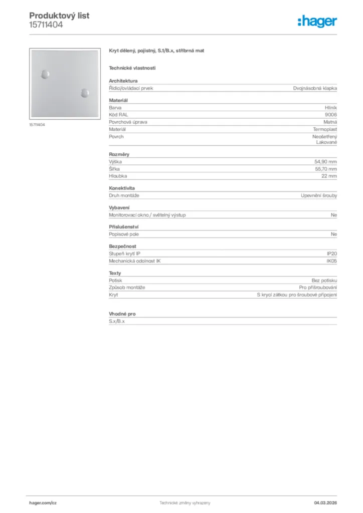 Obrázek Hager Product data sheet 15711404 | Hager