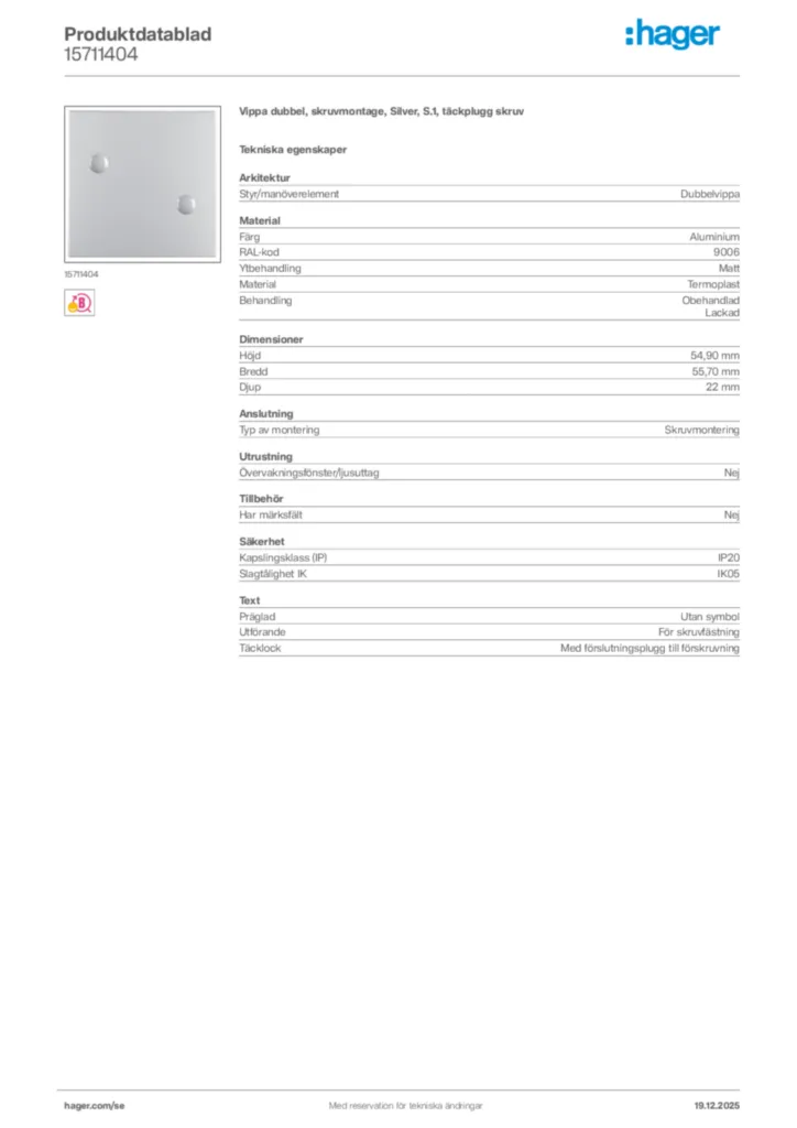 Bild Hager Produktdatablad 15711404 | Hager Sverige