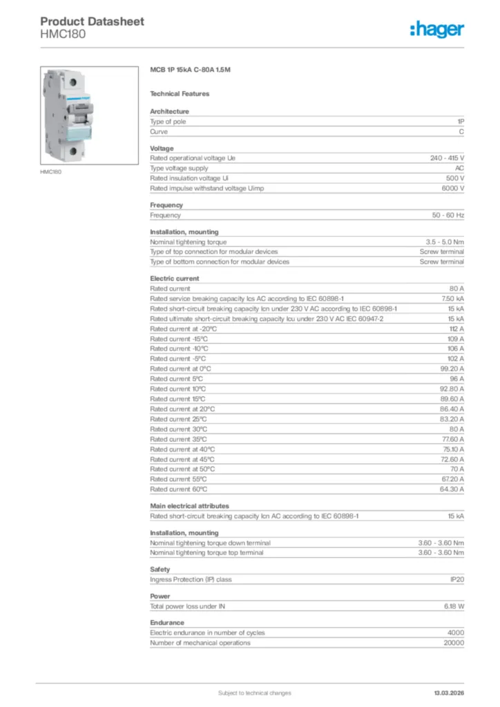 Image Hager Product data sheet HMC180  | Hager Africa