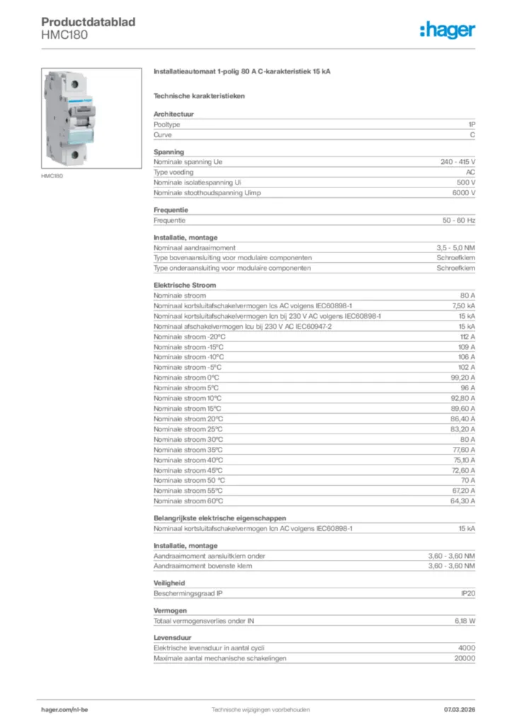 Afbeelding Hager Productdatablad HMC180 | Hager Belgium