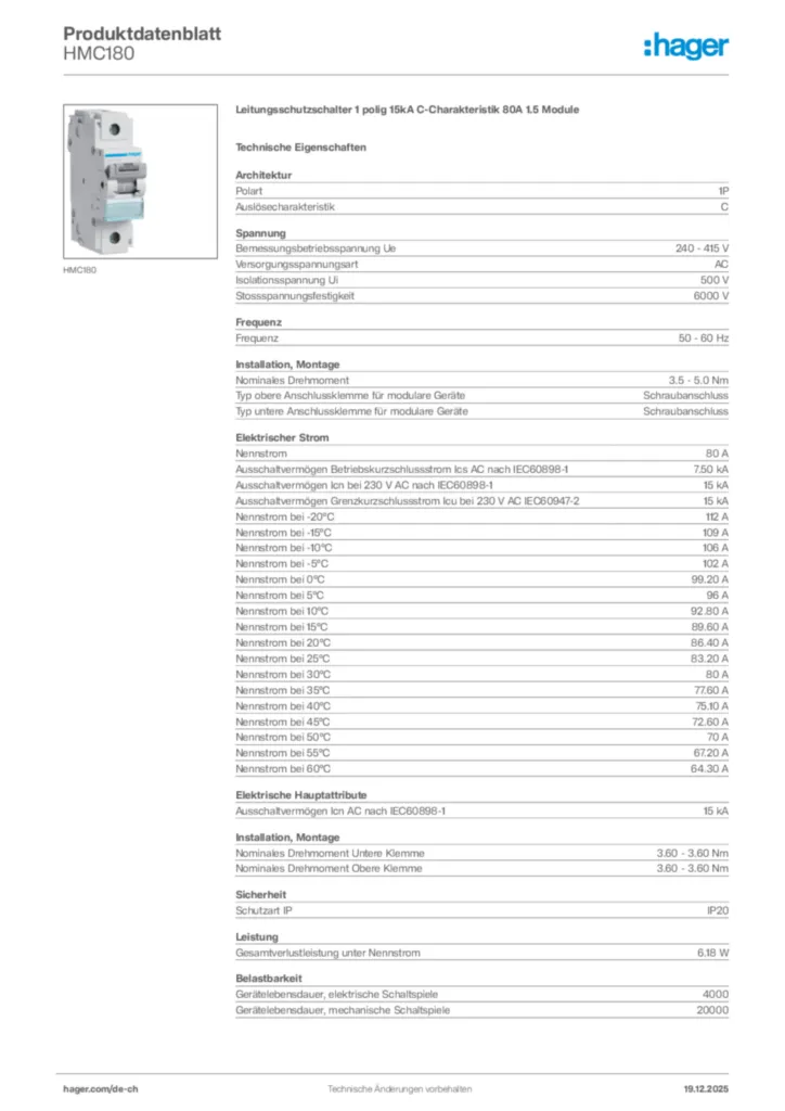 Bild Hager Produktdatenblatt HMC180 | Hager Schweiz