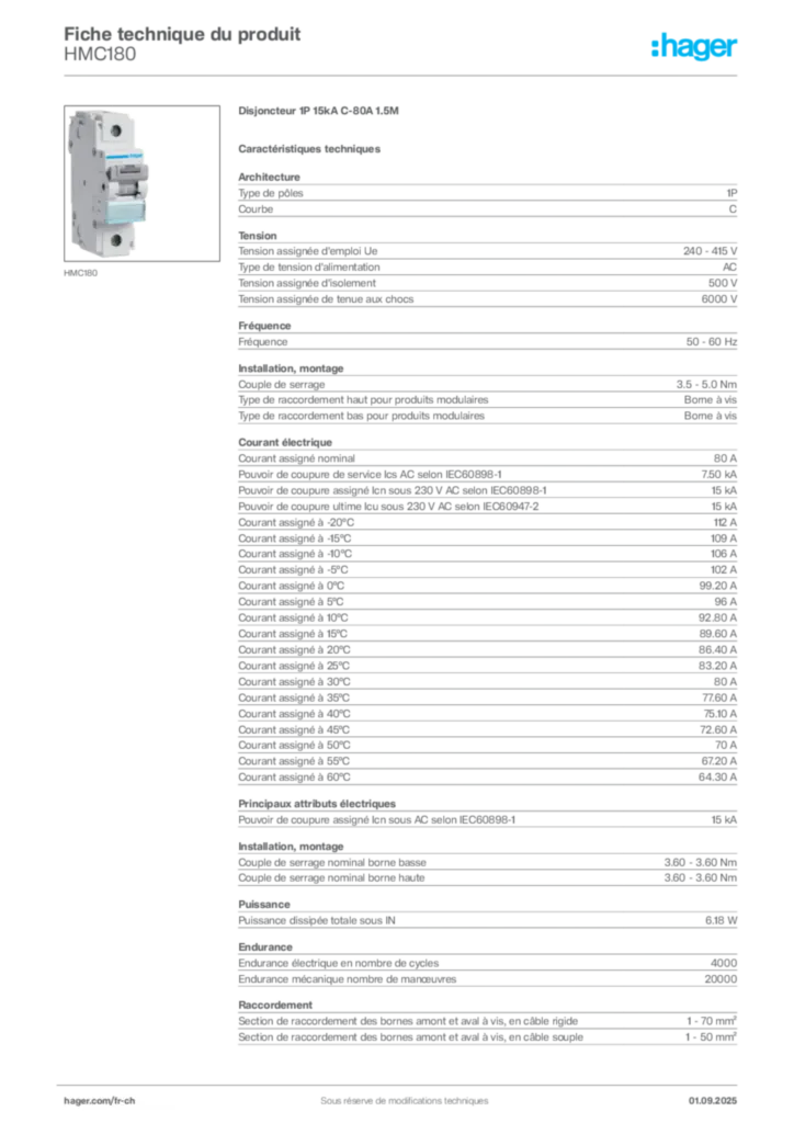 Image Hager Fiche technique du produit HMC180 | Hager Suisse