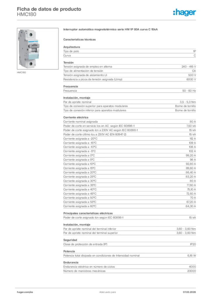 Imagen Hager Ficha de datos de producto HMC180 | Hager España